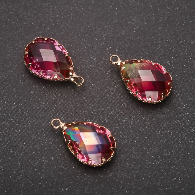 Pendant 'Drop' Yellow-Raspberry color, Golden Bezel 13×21mm